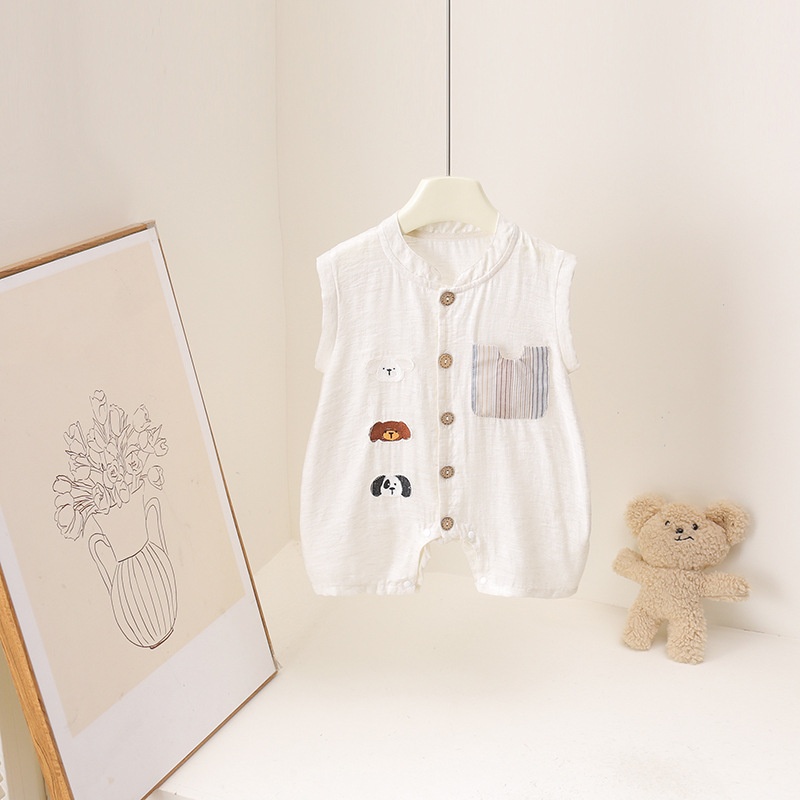 Baby Summer Linen Sleeveless Jumpsuit - Romper Bayi Motif Beruang Kartun Musim