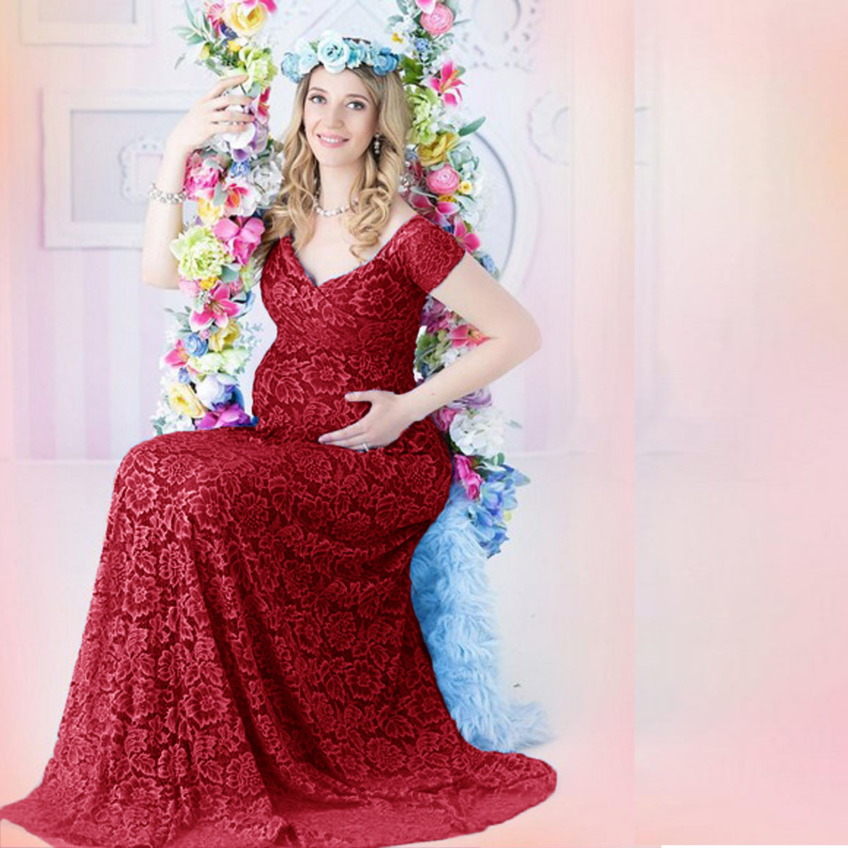 Maternity Wear - Gaun Maxi Lengan Pendek Berenda Gaya