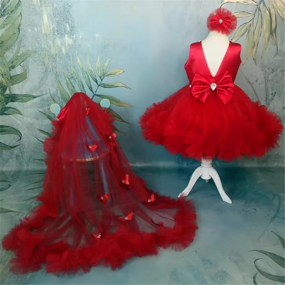 Gaun Gadis Bunga Merah Kustom  - Toddler Girl Tulle Party Dress ulasan dan harga