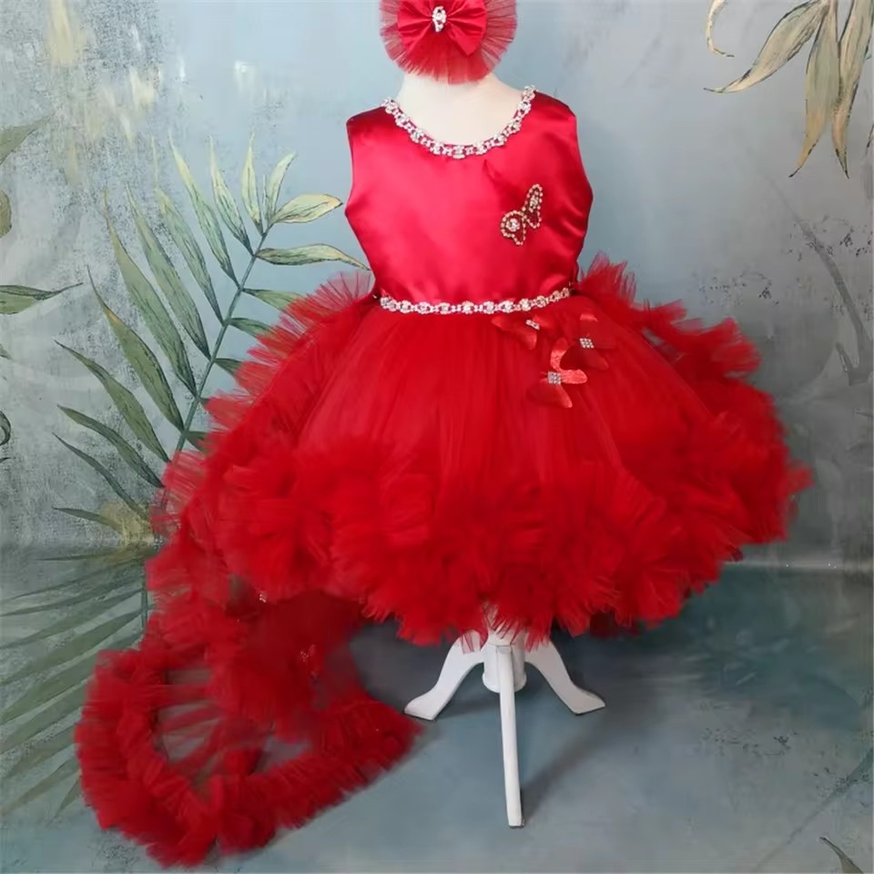 Gaun Gadis Bunga Merah Kustom  - Toddler Girl Tulle Party Dress ulasan dan harga